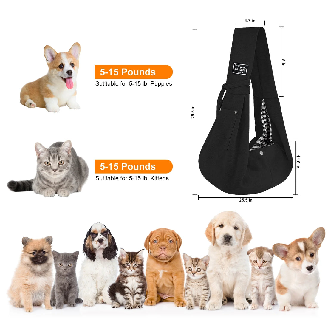 Dog Sling Carrier, Pet Sling for Small Dogs Puppy Cats up to 15Lbs, for Outdoor Travel, Black