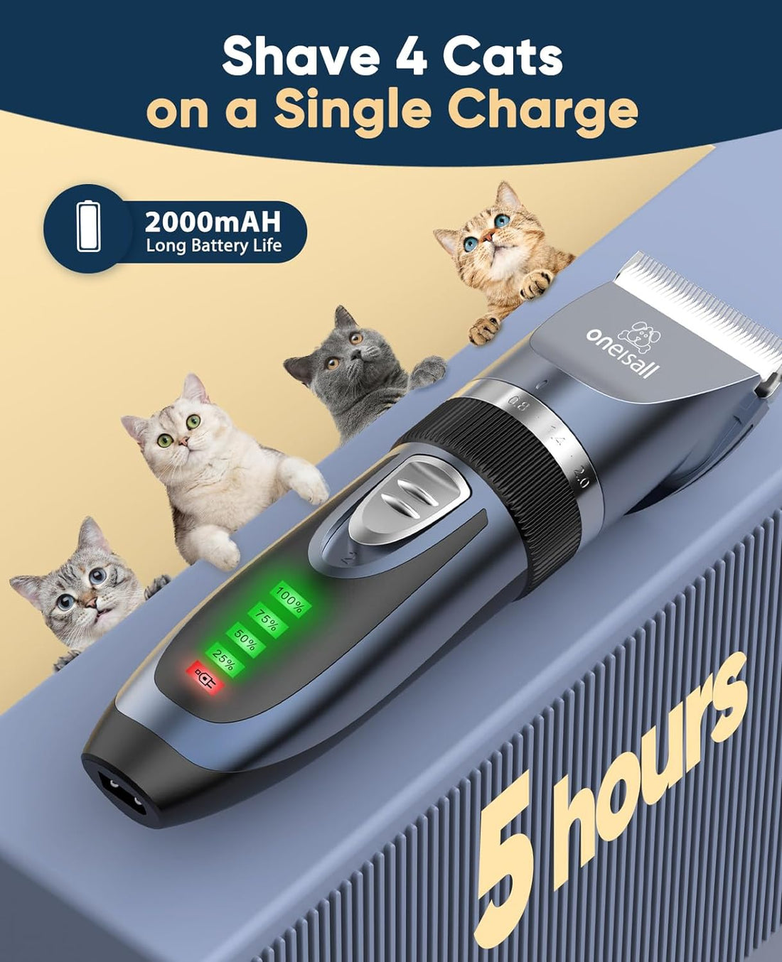 Quiet Cat Clippers for Matted & Long Hair – 2-Speed Cordless Pet Grooming Kit Blue