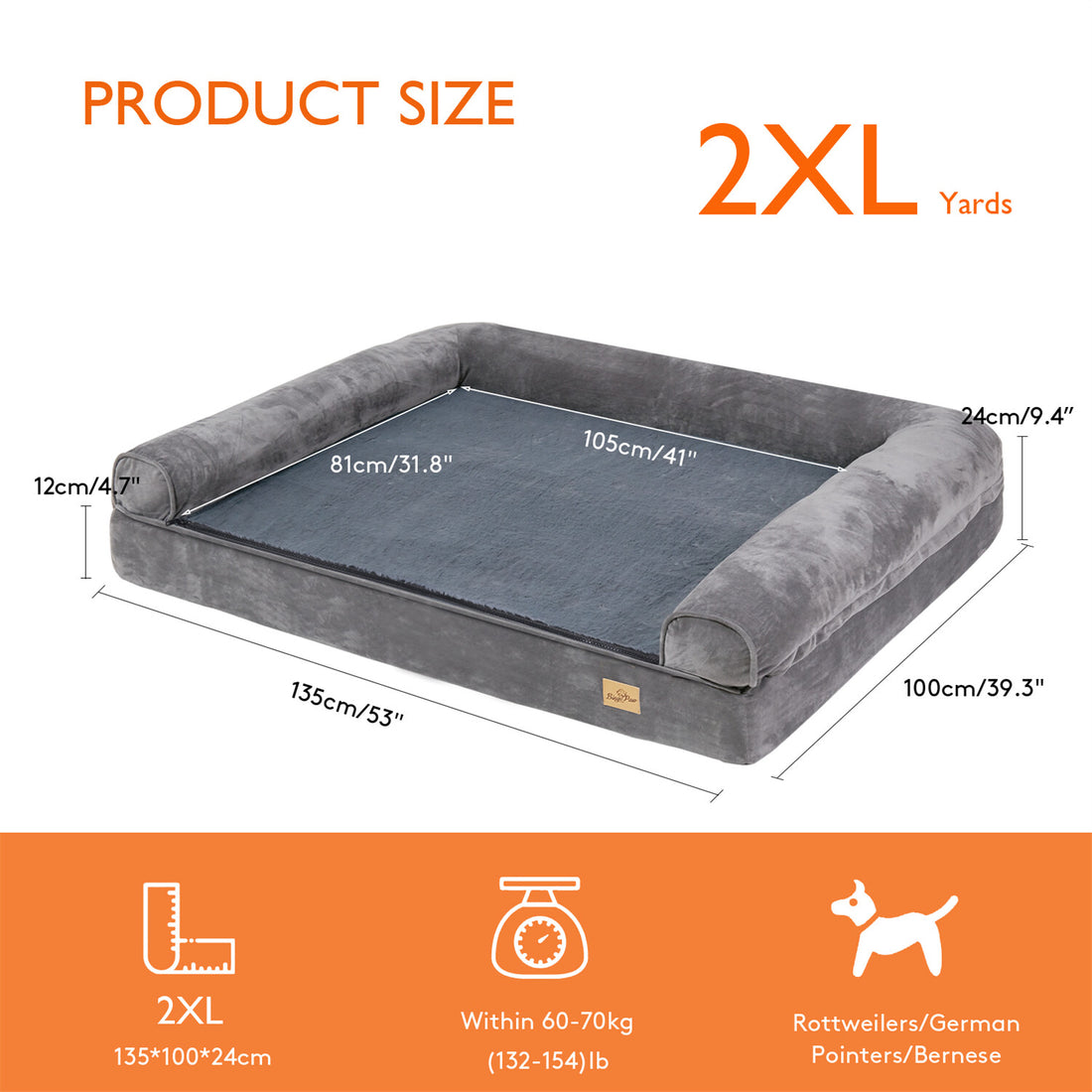 Xx-Large Orthopedic Memory Foam Dog Bed Washable Pet Bolster Mattress Waterproof