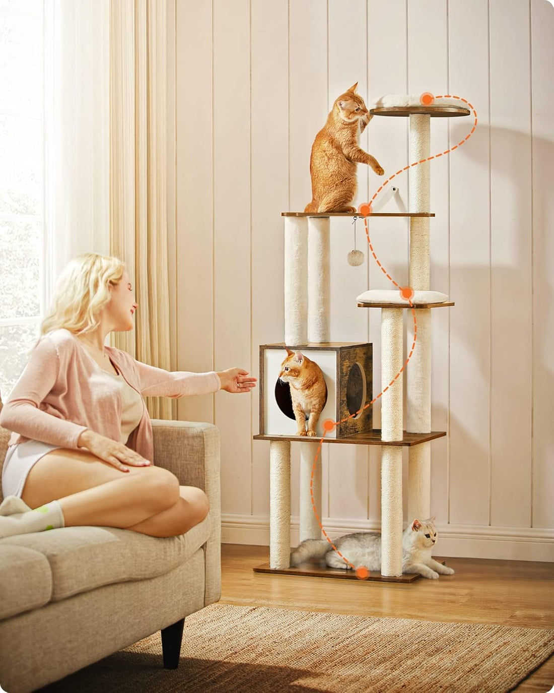 WoodyWonders 65-Inch Modern Cat Tree – Multi-Level Condo with 5 Scratching Posts, Perch & Removable Cushions, Rustic Brown (UPCT166X01)