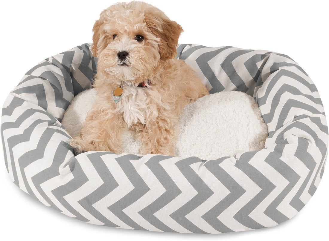 24 Inch Chevron Sherpa Calming Dog Bed Washable – Cozy Soft round Pet Bed with Spine for Head Support - Fluffy Donut Bed 24X19X7 (Inch) – Small - GRAY