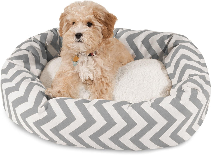 24 Inch Chevron Sherpa Calming Dog Bed Washable – Cozy Soft round Pet Bed with Spine for Head Support - Fluffy Donut Bed 24X19X7 (Inch) – Small - GRAY