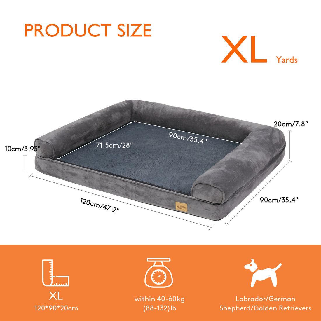 Xx-Large Orthopedic Memory Foam Dog Bed Washable Pet Bolster Mattress Waterproof