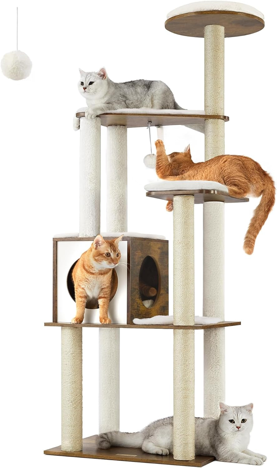 WoodyWonders 65-Inch Modern Cat Tree – Multi-Level Condo with 5 Scratching Posts, Perch & Removable Cushions, Rustic Brown (UPCT166X01)