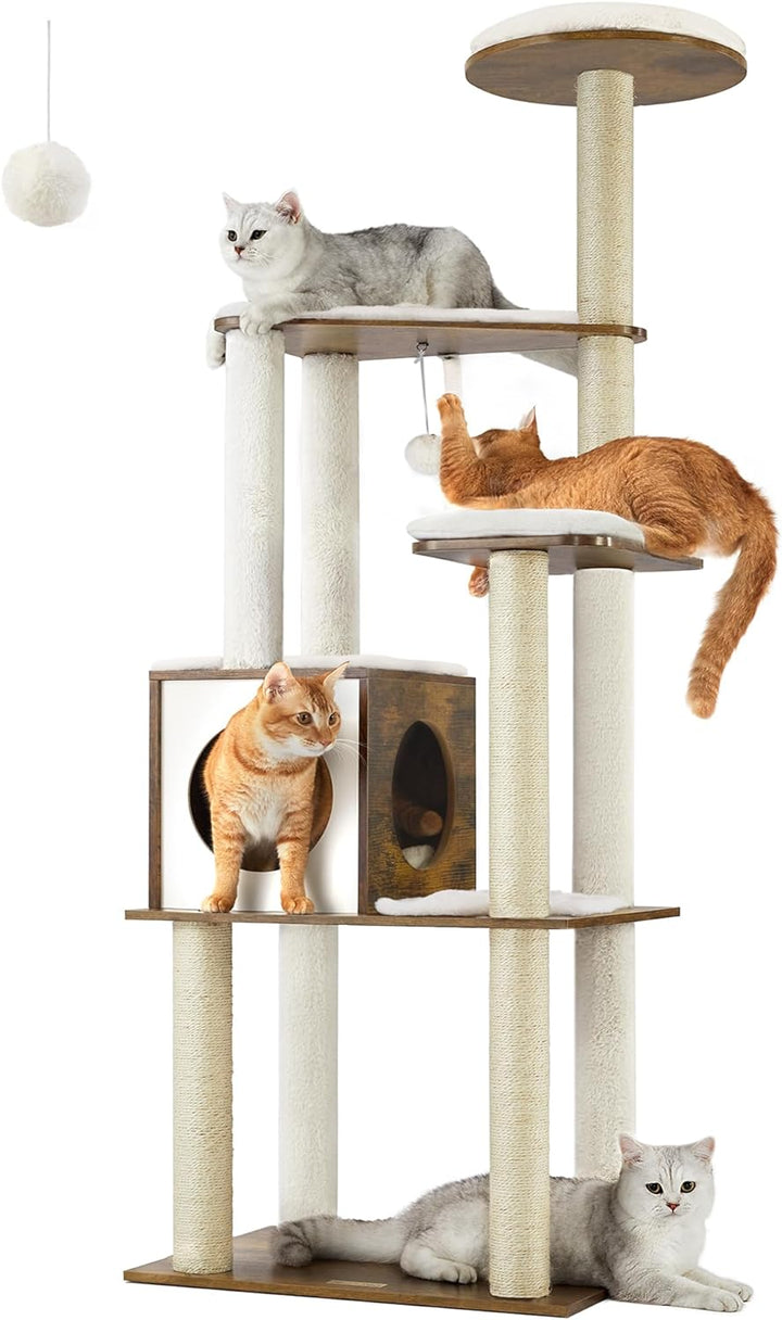 WoodyWonders 65-Inch Modern Cat Tree – Multi-Level Condo with 5 Scratching Posts, Perch & Removable Cushions, Rustic Brown (UPCT166X01)