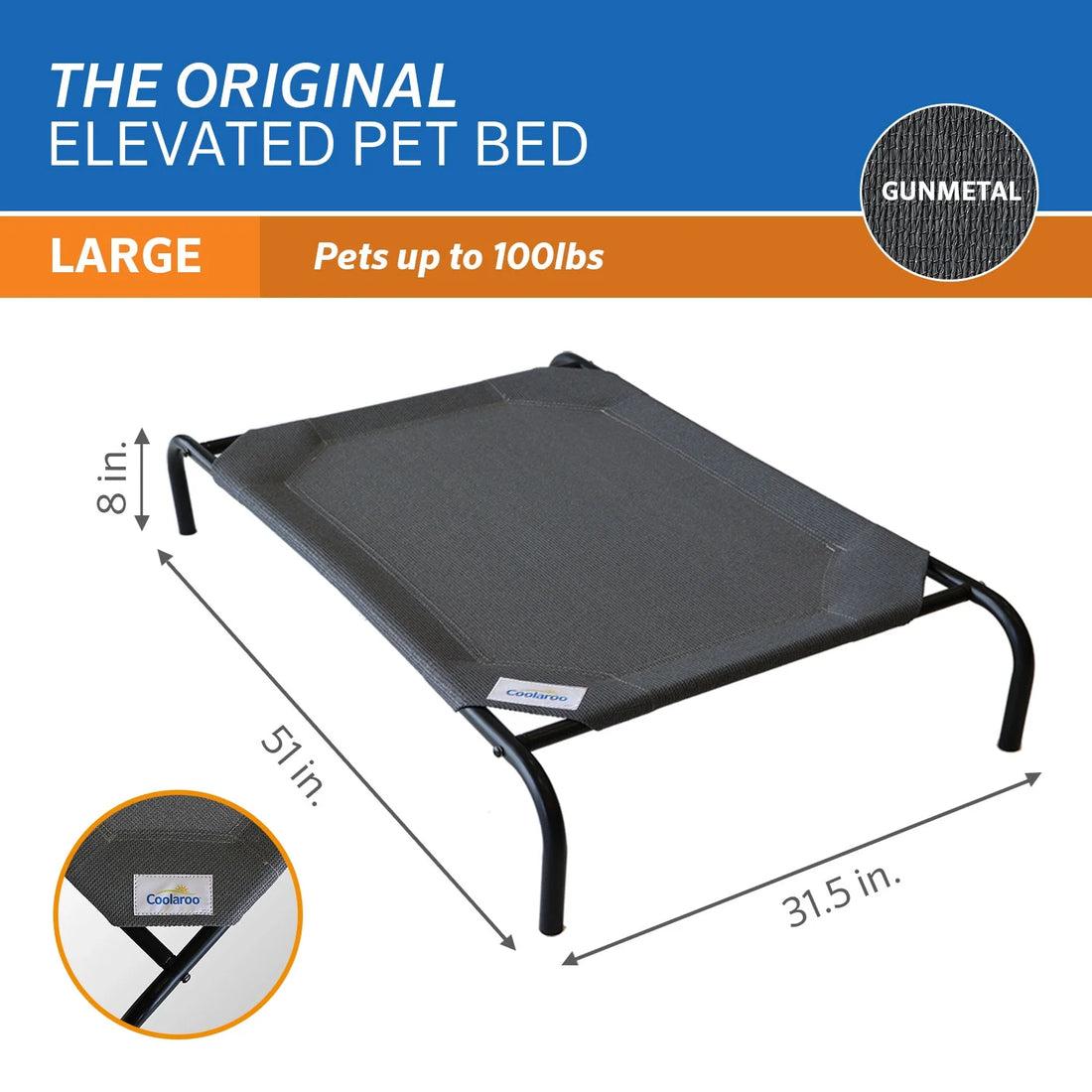 The Original  Elevated Pet Dog Bed, Indoor & Outdoor Use, Durable, Cooling, Gunmetal, Large, 51" L X 31.50" W X 8" H