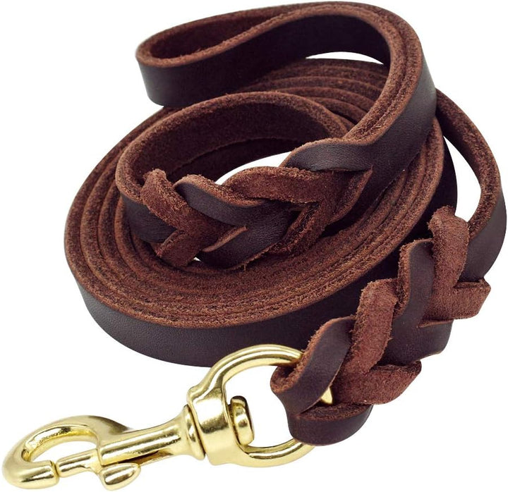 Leather Dog Leash - Training & Walking Braided Dog Leash - 4 Ft by 5/8 in (120Cm 1.6Cm) - Latigo Leather Brown