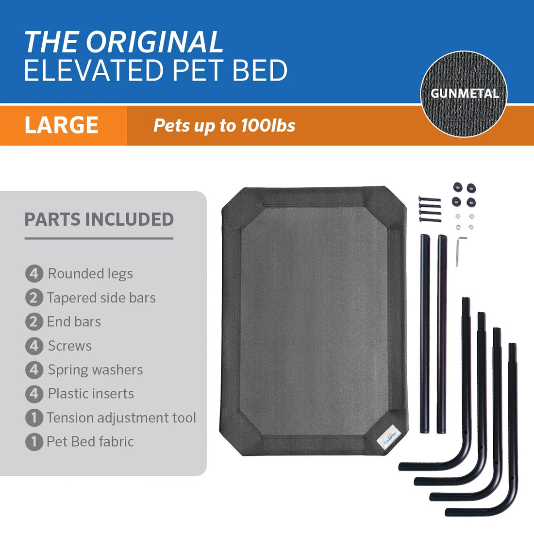 The Original  Elevated Pet Dog Bed, Indoor & Outdoor Use, Durable, Cooling, Gunmetal, Large, 51" L X 31.50" W X 8" H