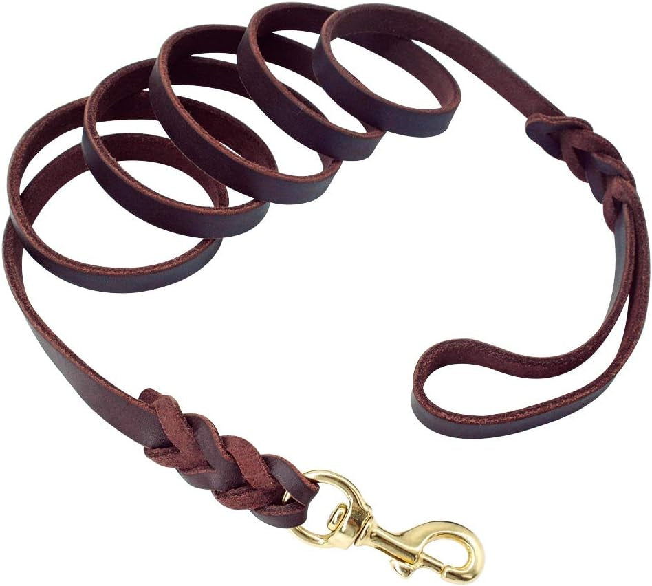 Leather Dog Leash - Training & Walking Braided Dog Leash - 4 Ft by 5/8 in (120Cm 1.6Cm) - Latigo Leather Brown