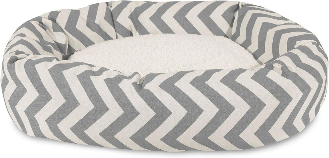 24 Inch Chevron Sherpa Calming Dog Bed Washable – Cozy Soft round Pet Bed with Spine for Head Support - Fluffy Donut Bed 24X19X7 (Inch) – Small - GRAY