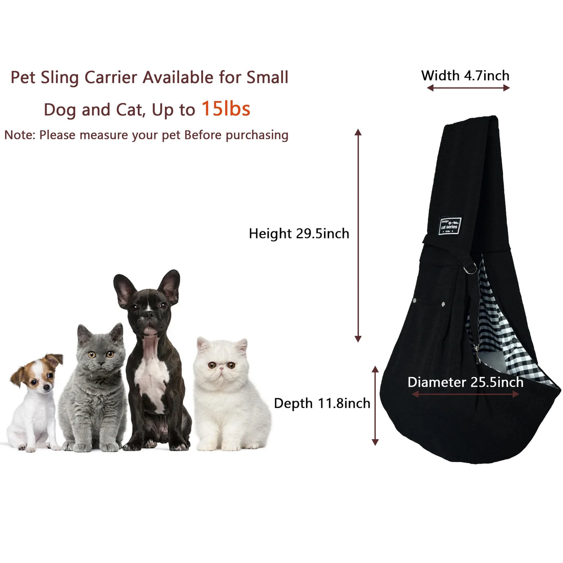 Dog Sling Carrier, Pet Sling for Small Dogs Puppy Cats up to 15Lbs, for Outdoor Travel, Black