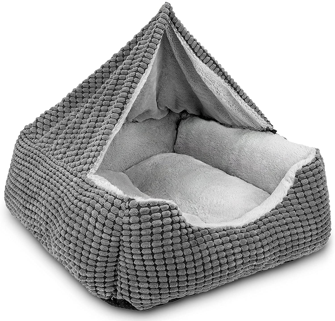Luxury Hooded Dog & Cat Bed – Anti-Anxiety Orthopedic Cave Blanket, 20” Greyc