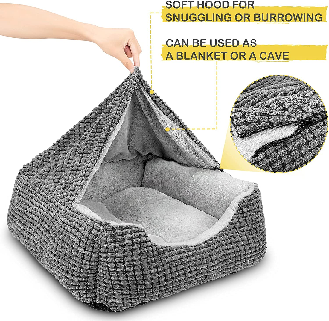 Luxury Hooded Dog & Cat Bed – Anti-Anxiety Orthopedic Cave Blanket, 20” Greyc