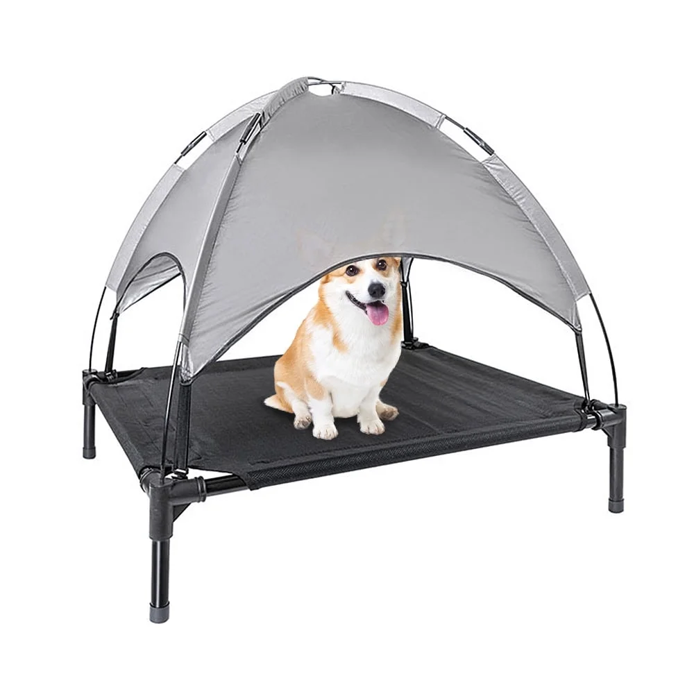 Elevated Cooling Dog Bed with Canopy – Portable Raised Pet Cot for Indoor & Outdoor Use (30"x24", Gray)