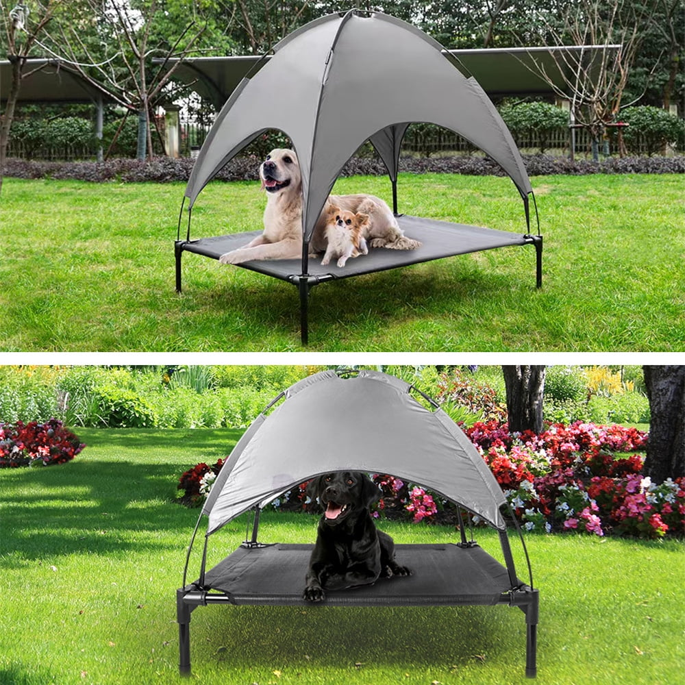 Elevated Cooling Dog Bed with Canopy – Portable Raised Pet Cot for Indoor & Outdoor Use (30"x24", Gray)