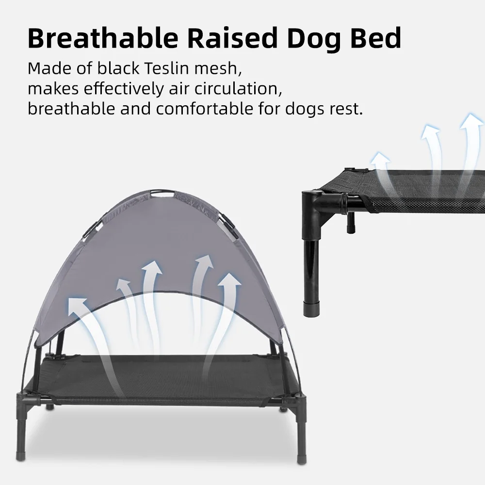Elevated Cooling Dog Bed with Canopy – Portable Raised Pet Cot for Indoor & Outdoor Use (30"x24", Gray)