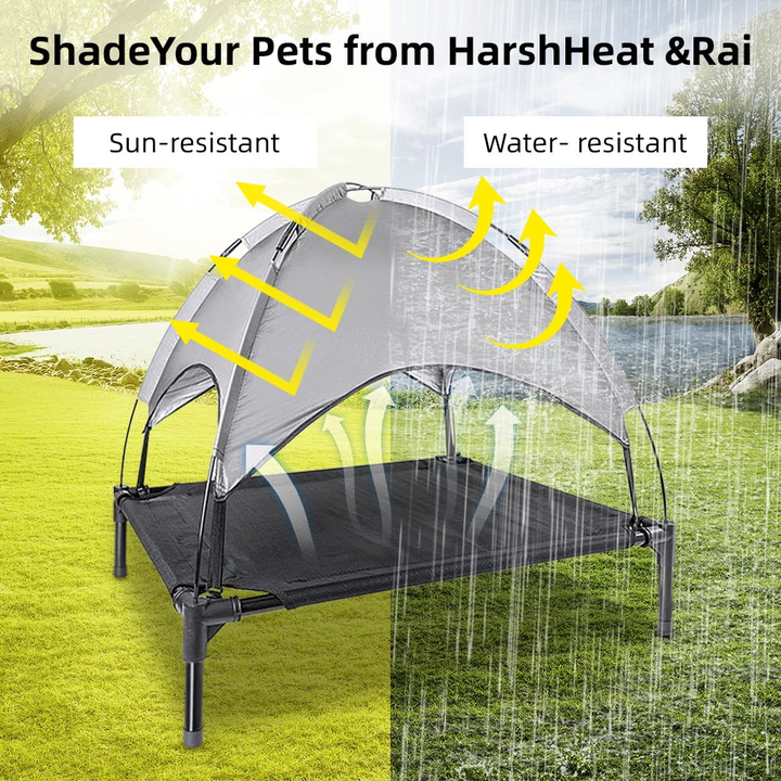Elevated Cooling Dog Bed with Canopy – Portable Raised Pet Cot for Indoor & Outdoor Use (30"x24", Gray)