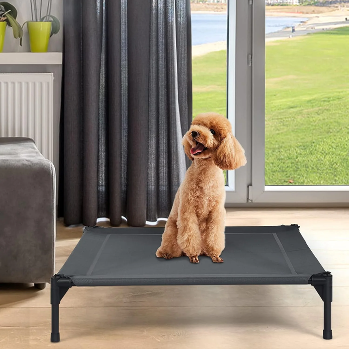 Elevated Cooling Dog Bed with Canopy – Portable Raised Pet Cot for Indoor & Outdoor Use (30"x24", Gray)