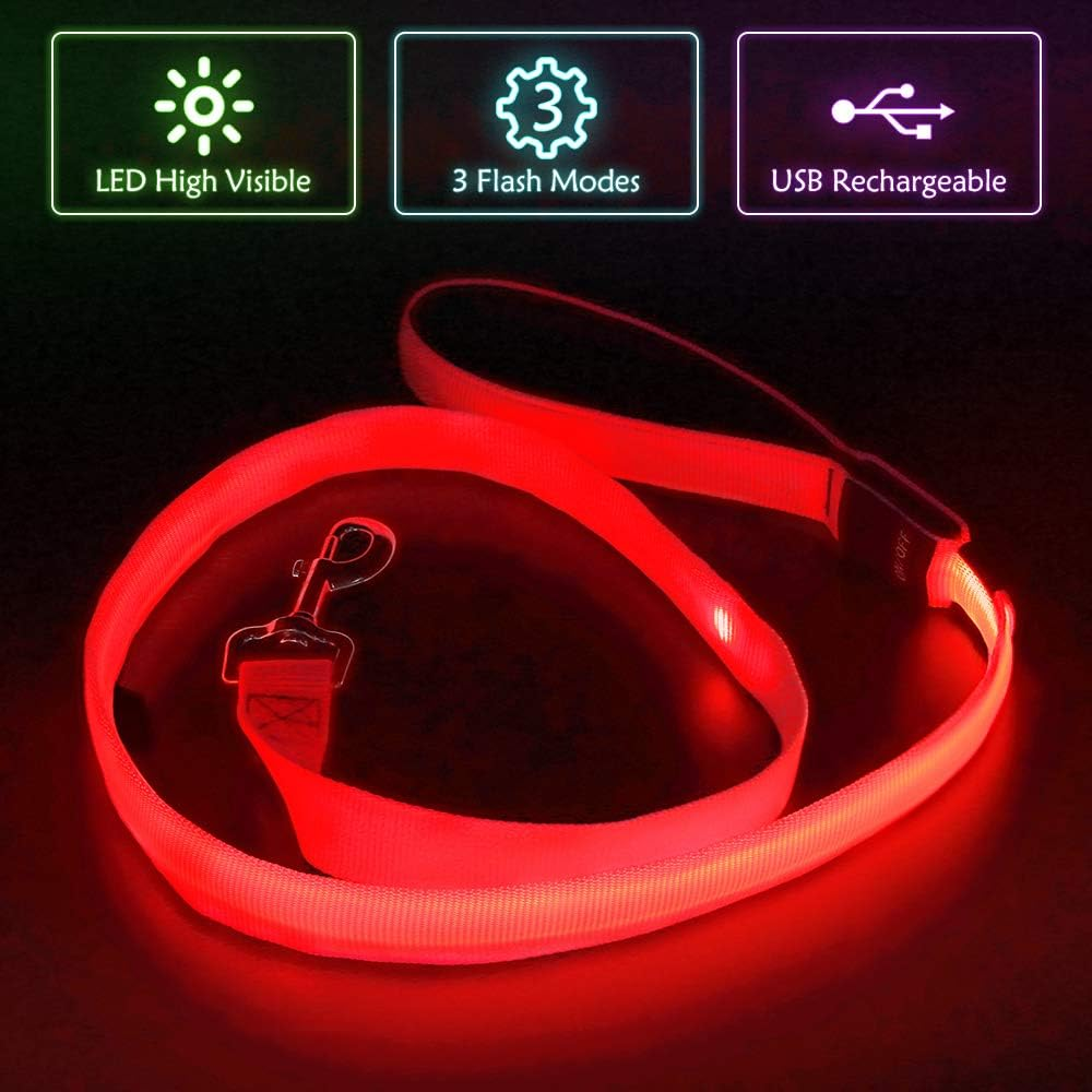 LED Dog Leash – USB Rechargeable Light-Up Nylon Dog Lead for Night Walking, 47.2” (Red)