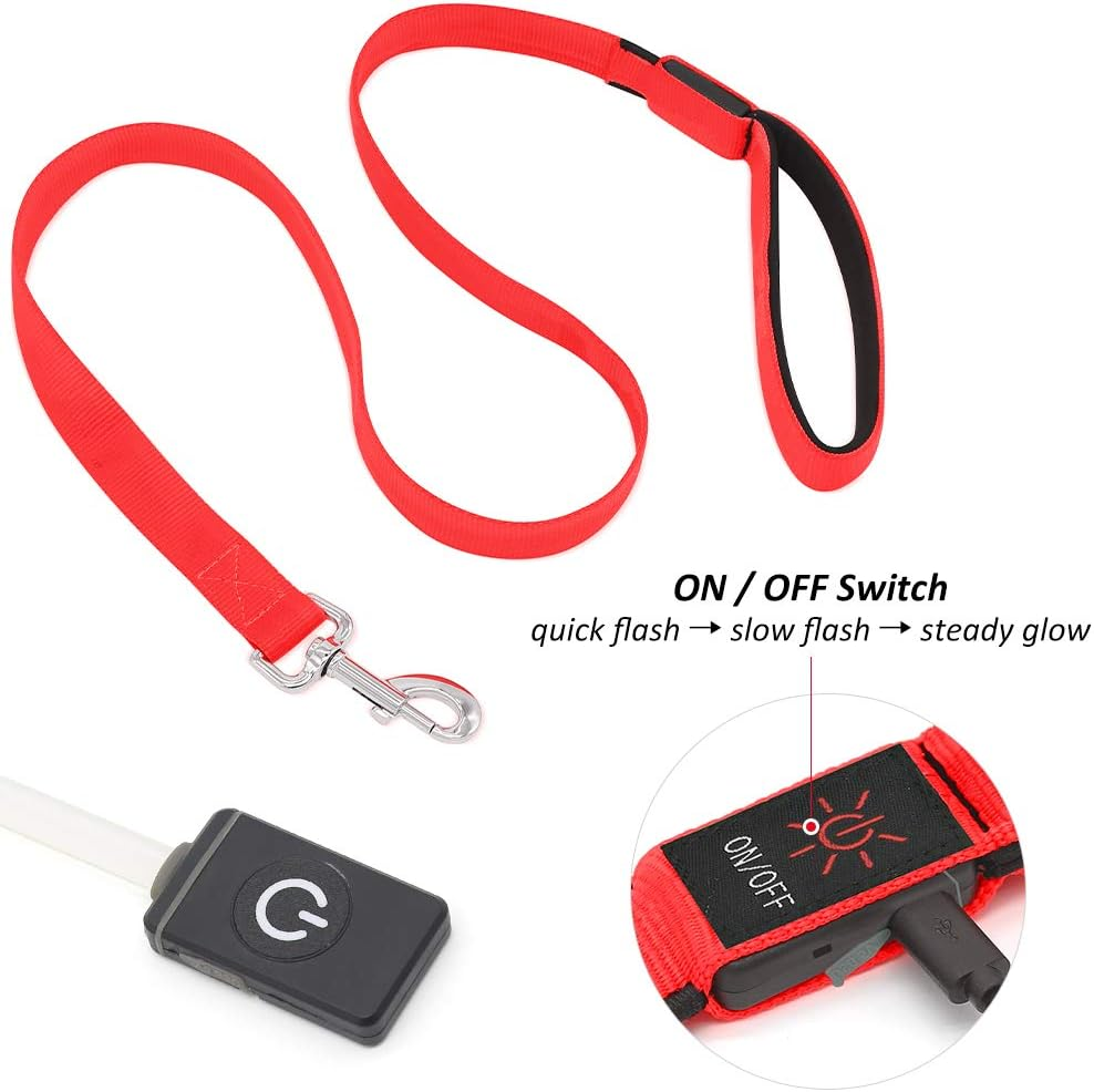 LED Dog Leash – USB Rechargeable Light-Up Nylon Dog Lead for Night Walking, 47.2” (Red)