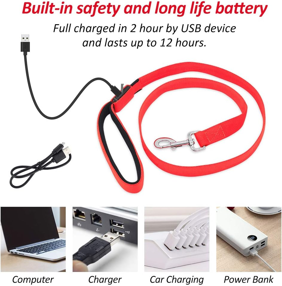 LED Dog Leash – USB Rechargeable Light-Up Nylon Dog Lead for Night Walking, 47.2” (Red)