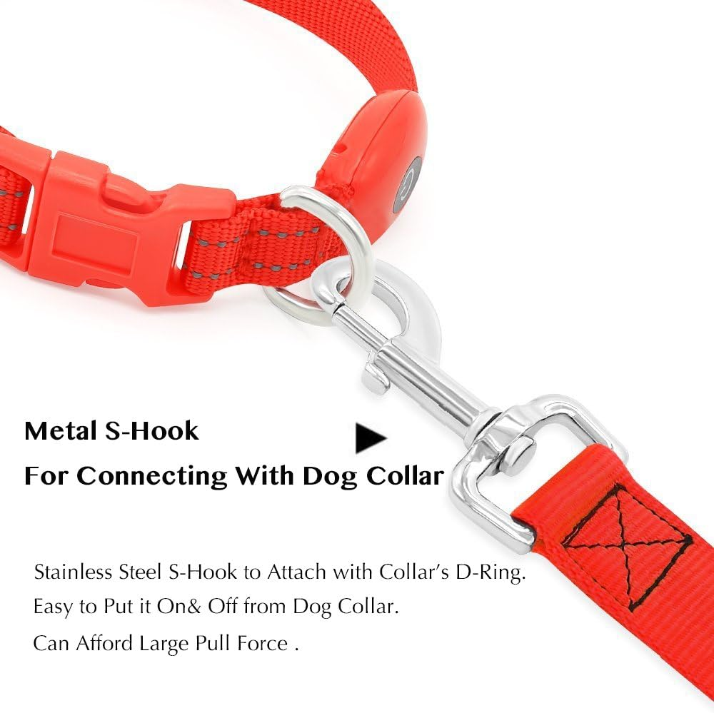 LED Dog Leash – USB Rechargeable Light-Up Nylon Dog Lead for Night Walking, 47.2” (Red)