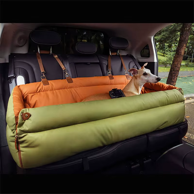 Luxury Faux Leather Dog Car Seat Bed – Double Booster with Safety Buckle & Custom Logo