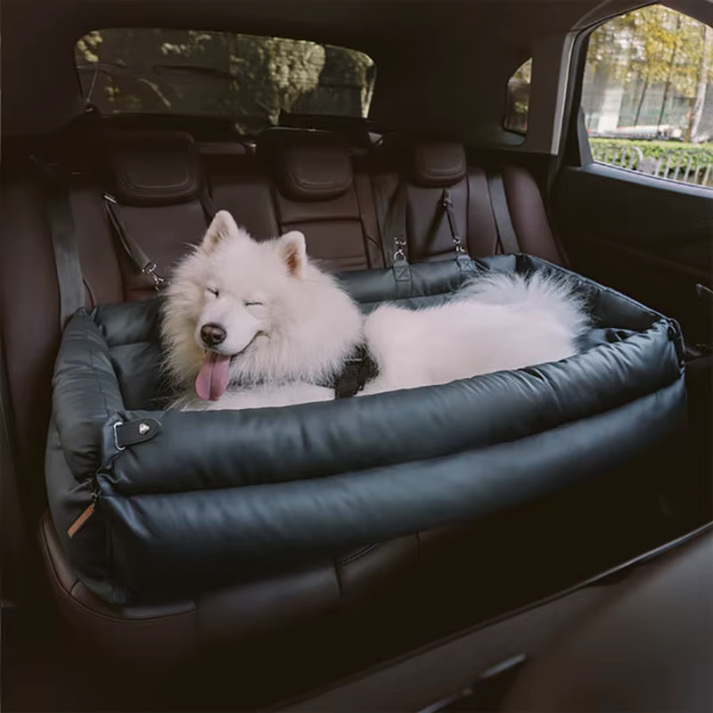 Luxury Faux Leather Dog Car Seat Bed – Double Booster with Safety Buckle & Custom Logo