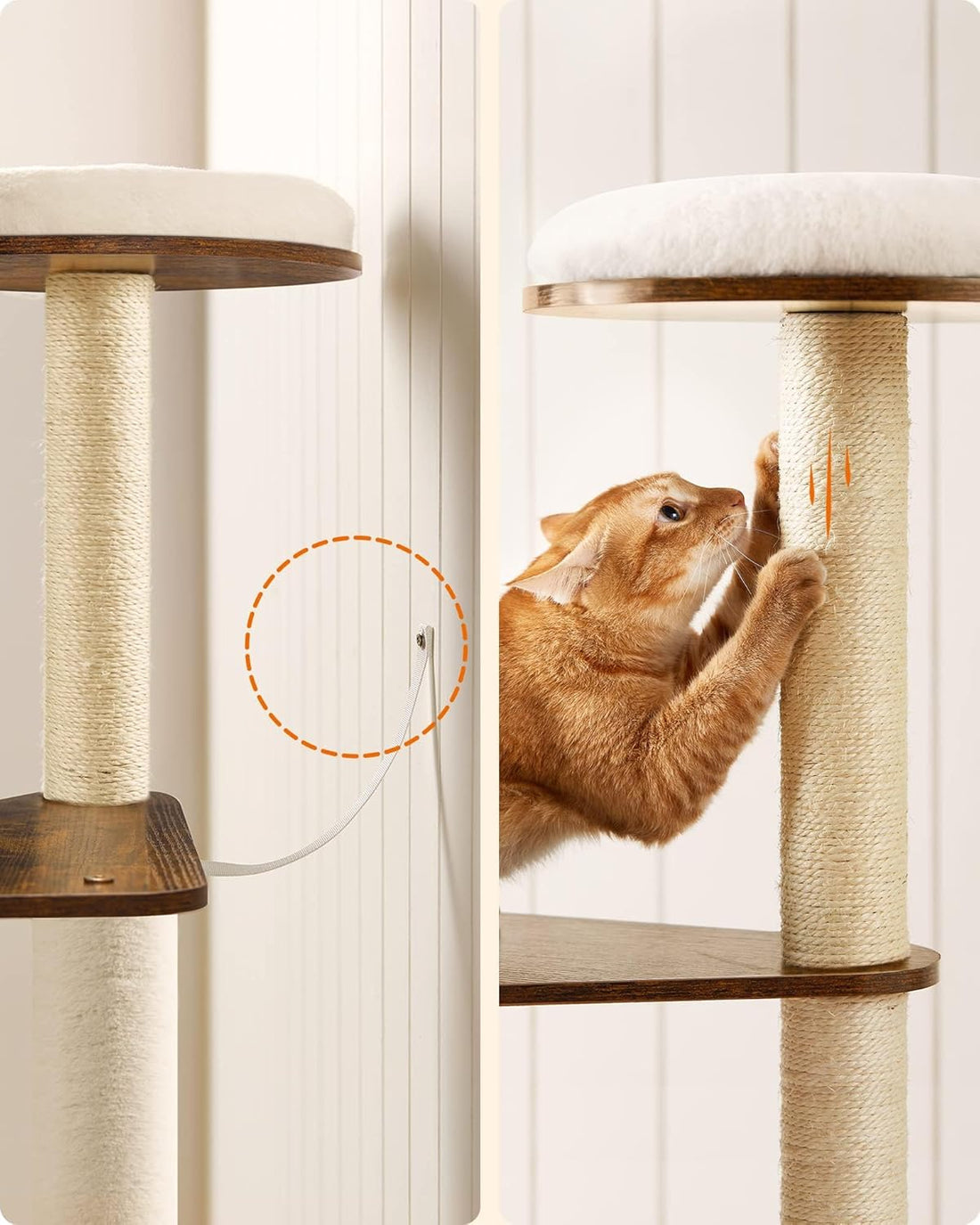 WoodyWonders 65-Inch Modern Cat Tree – Multi-Level Condo with 5 Scratching Posts, Perch & Removable Cushions, Rustic Brown (UPCT166X01)