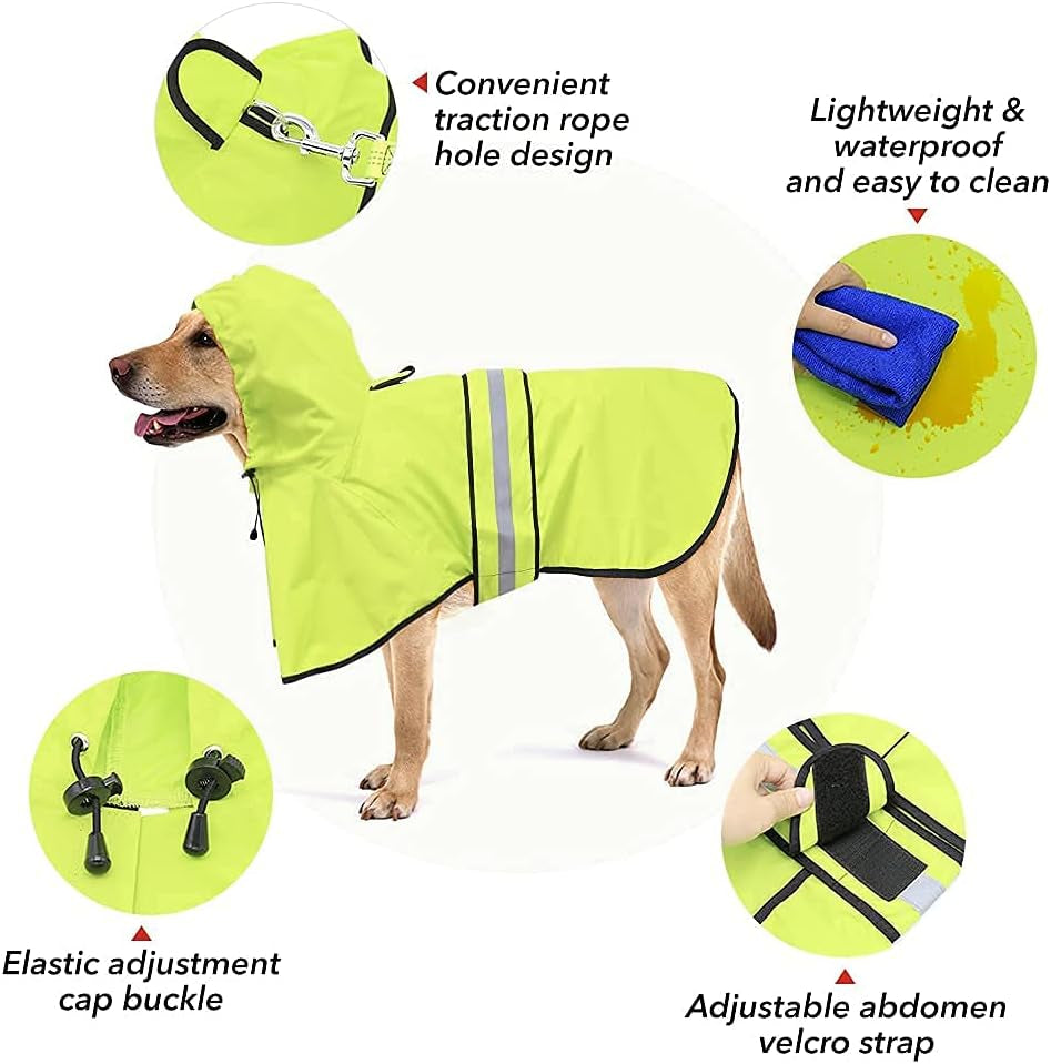 Waterproof Dog Rain Coat - Adjustable Hooded Pet Rain Jacket Raincoat, Reflective Lightweight Dog Slicker Poncho Raincoats (Neon Green, Medium)