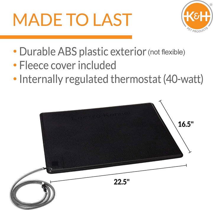 Lectro-Kennel Heated Outdoor Dog Pad, Durable Rigid ABS Plastic Waterproof Heated Pad for Dog & Cat Houses Outdoor, Washable Cover, Safety Listed - Medium 22.5 X 16.5In Black 60W