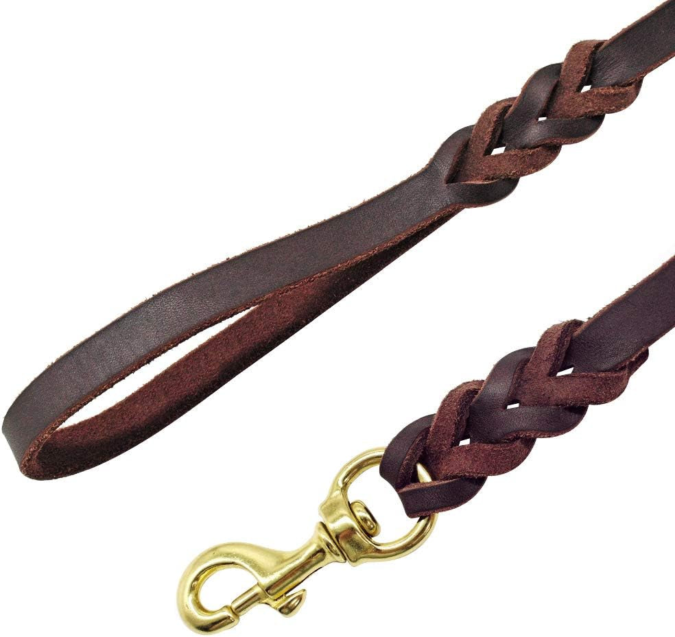 Leather Dog Leash - Training & Walking Braided Dog Leash - 4 Ft by 5/8 in (120Cm 1.6Cm) - Latigo Leather Brown