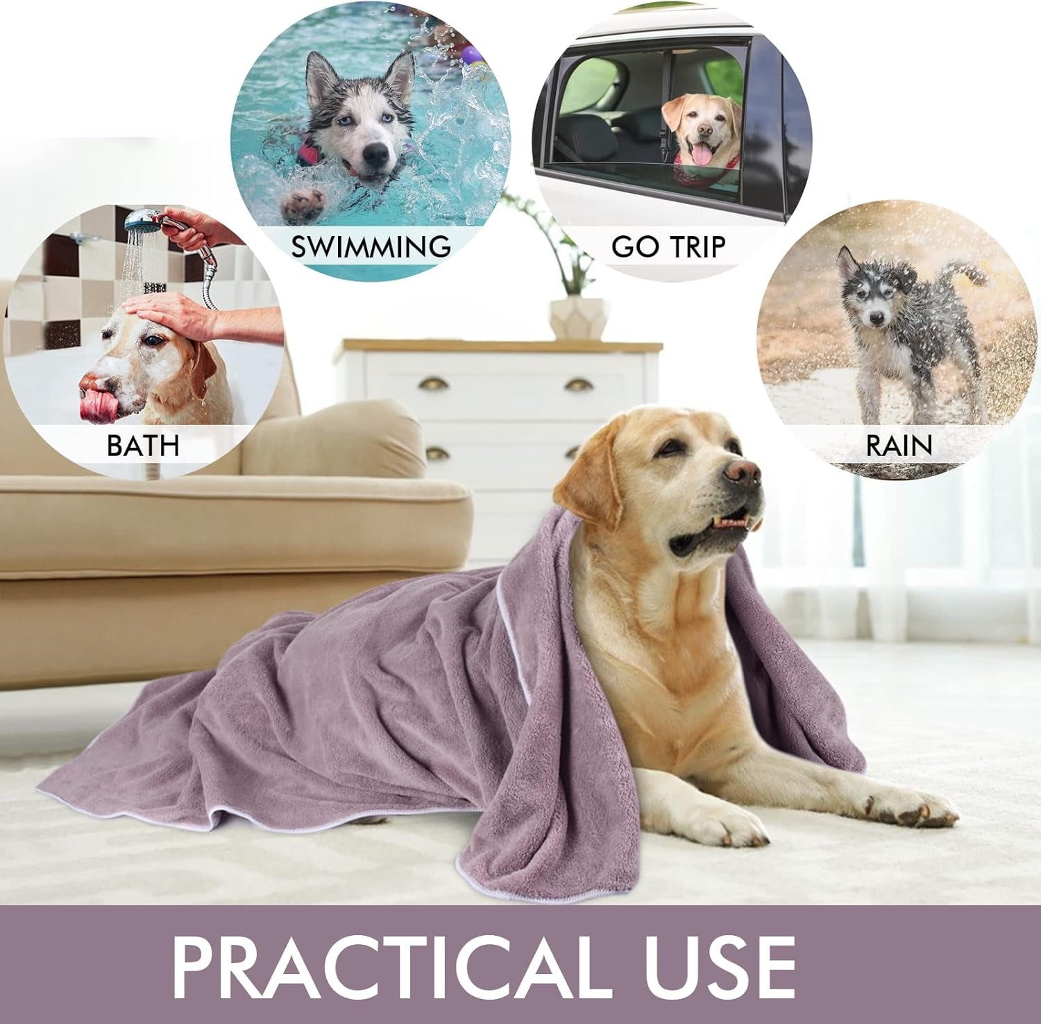 Super Absorbent Microfiber Pet Bath Towel – Quick-Dry Towel for Dogs & Cats, 30" x 50", Purple