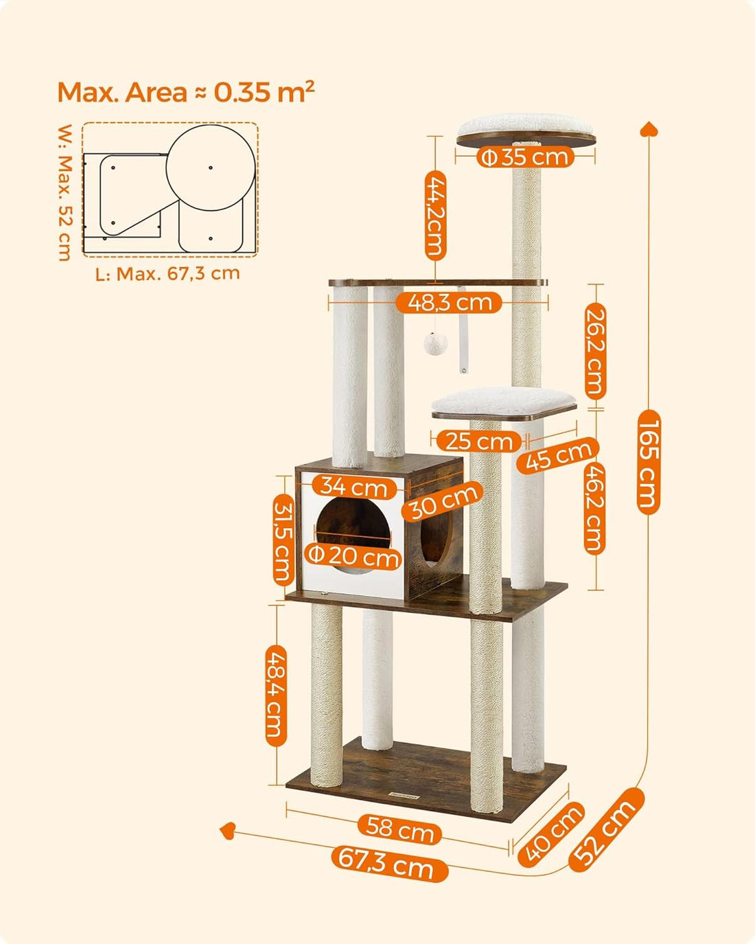 WoodyWonders 65-Inch Modern Cat Tree – Multi-Level Condo with 5 Scratching Posts, Perch & Removable Cushions, Rustic Brown (UPCT166X01)