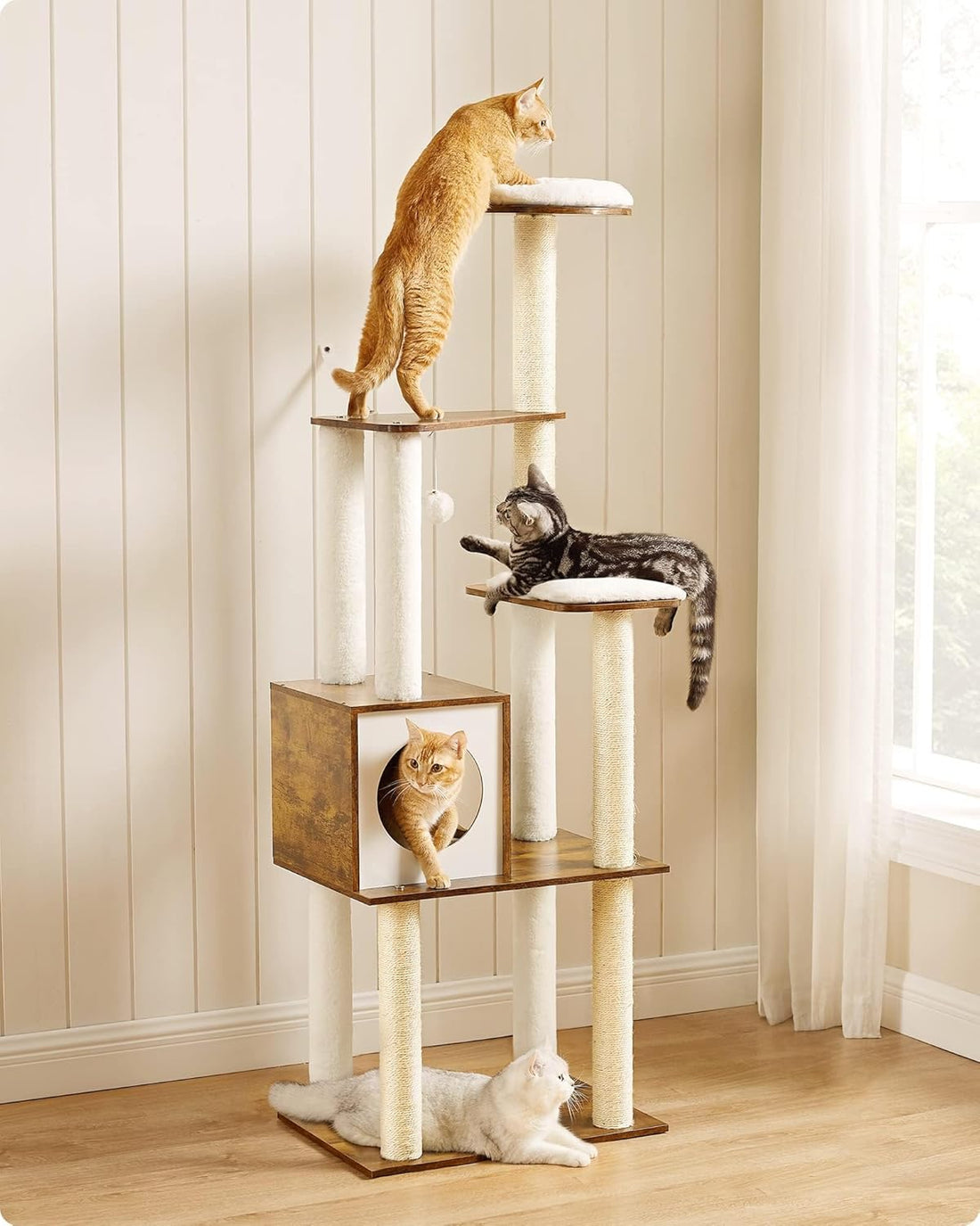 WoodyWonders 65-Inch Modern Cat Tree – Multi-Level Condo with 5 Scratching Posts, Perch & Removable Cushions, Rustic Brown (UPCT166X01)