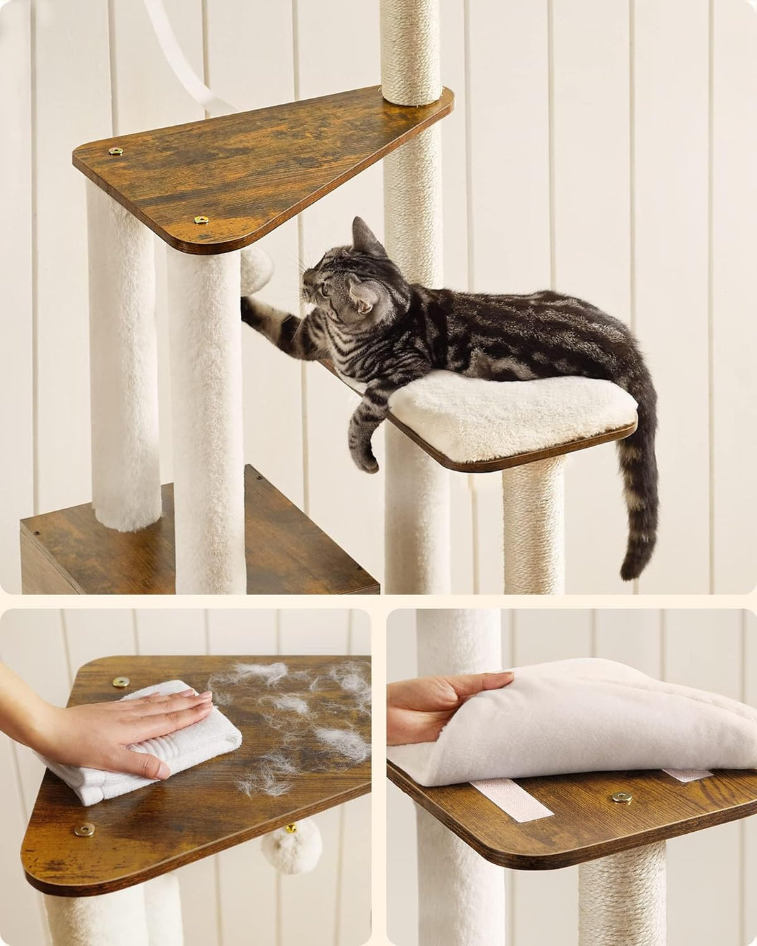 WoodyWonders 65-Inch Modern Cat Tree – Multi-Level Condo with 5 Scratching Posts, Perch & Removable Cushions, Rustic Brown (UPCT166X01)